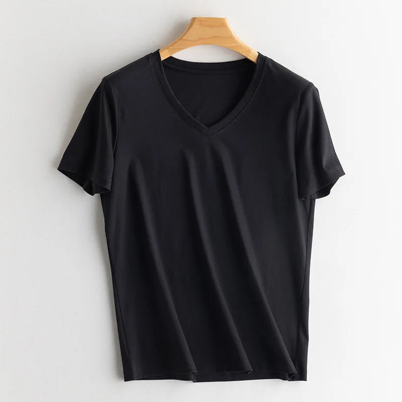 Eesswel Summer Casual Tee Shirts For Women 6% Silk 65% Cotton Women's T-shirt Basic Tees Tops Short Sleeve Solid Woman T shirt