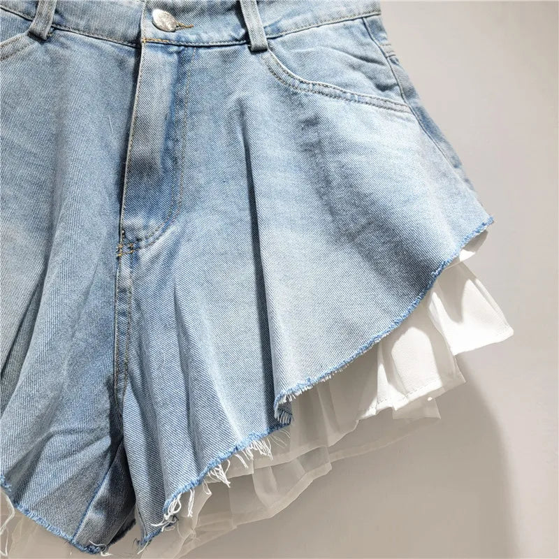 Fashion 2026 Summer New Collection Multi Layer Ruffles Patchwork Light Blue Wide Leg Denim Shorts Women High-waist Short Jeans