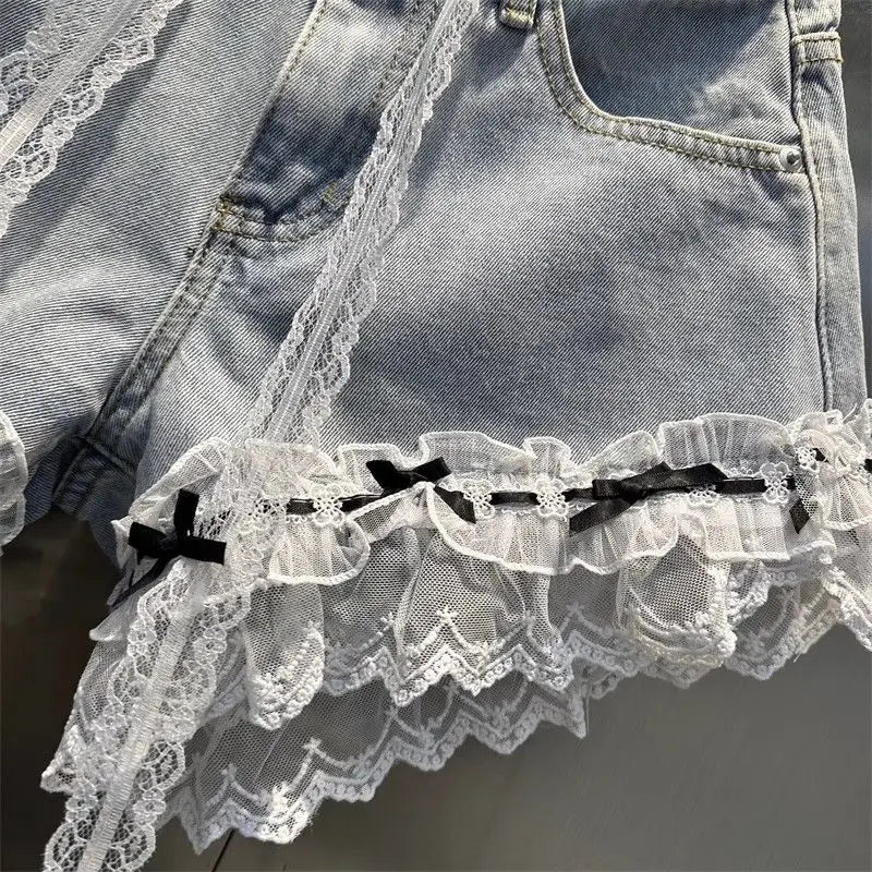 Summer Sweet Lace Denim Shorts for Women Bow Ruffles Patchwork A-line Short Jeans Korean Trend Fashion Female Wide Leg Shorts