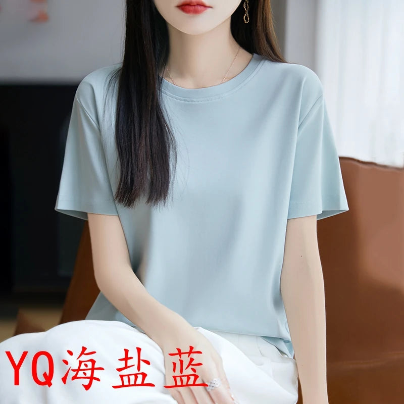 2026 Summer New Cotton Short Sleeve T-shirt Women's Round Neck Half Sleeve Mercerized Cotton Cool T-shirt