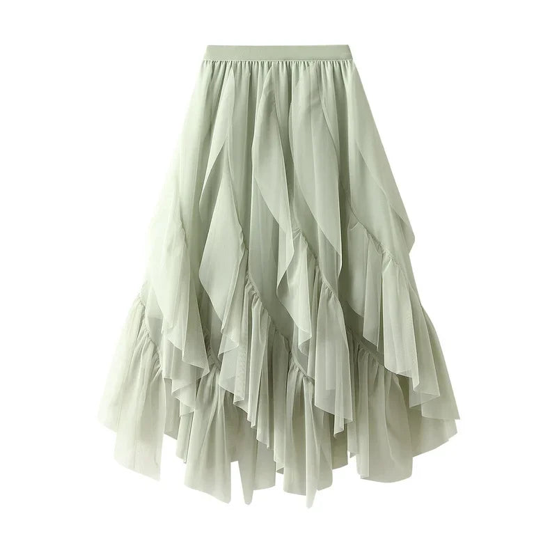 Women's Lotus Leaf Edge A Line Fairy Elastic Waist Tulle Skirt Midi High Waist Mesh Dress Solid Color Irregular Yarn Skirt D8808