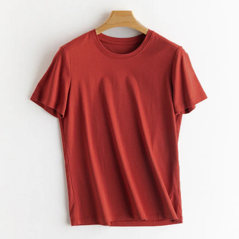 Eesswel Summer Casual Tee Shirts For Women 6% Silk 65% Cotton Women's T-shirt Basic Tees Tops Short Sleeve Solid Woman T shirt