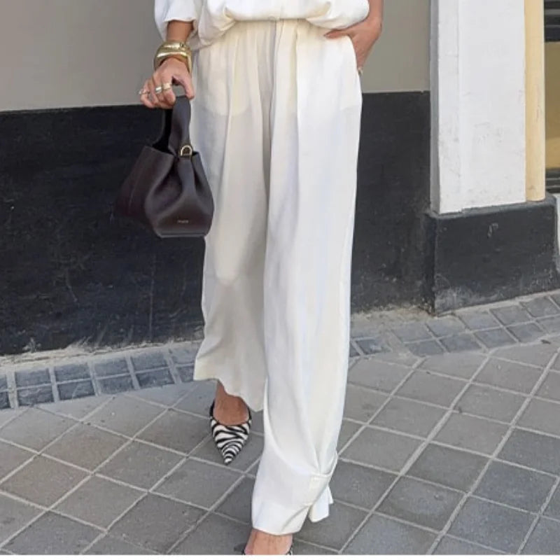 Casual Women's White Jacket Pants Set Loose Stand Collar Full Sleeve Single Breasted Jackets Wide Leg Pant 2026 Spring Suit