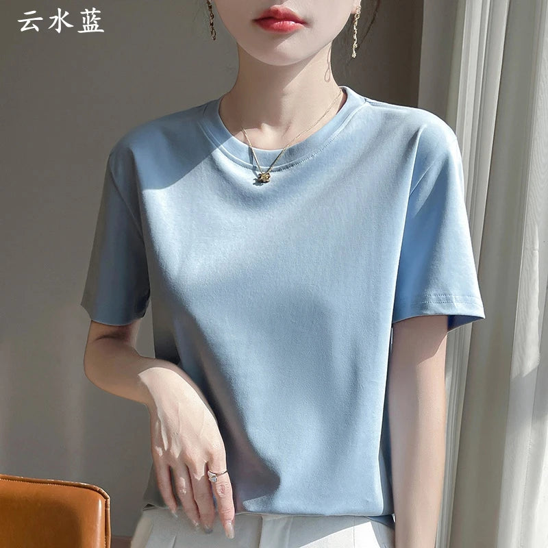 2026 Summer New Cotton Short Sleeve T-shirt Women's Round Neck Half Sleeve Mercerized Cotton Cool T-shirt