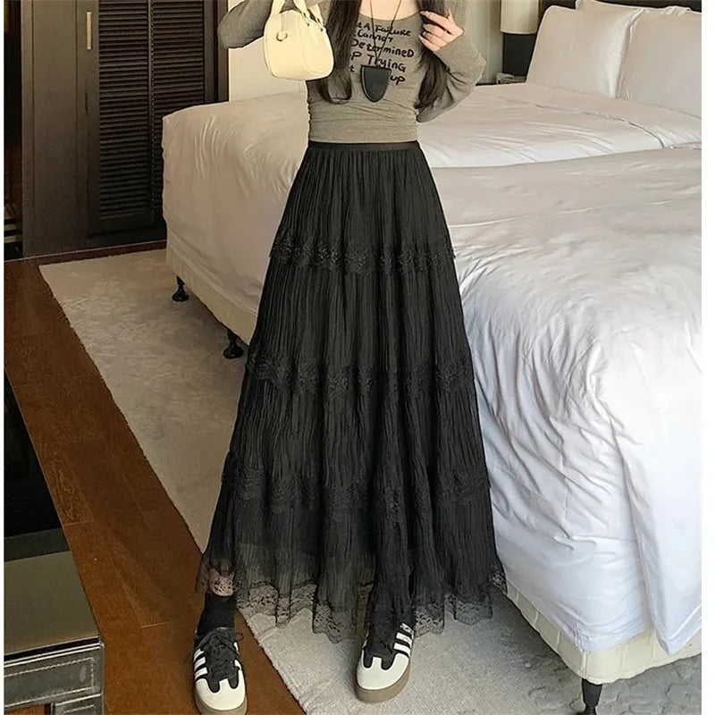 Spring Summer Women Chiffon Skirts Vintage High Waist Elastic Patchwork White Black Chic Long Cake A-line Skirt for Student