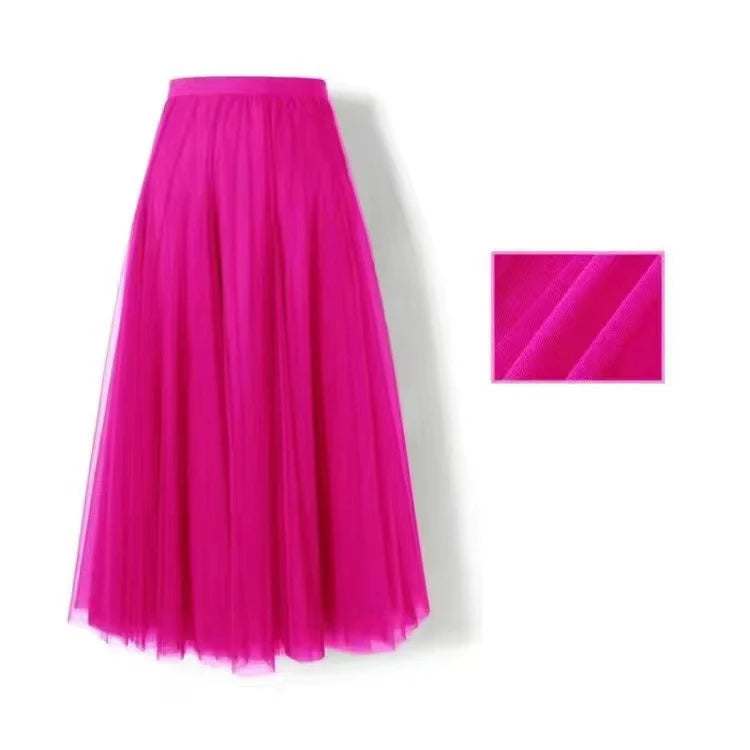 New Women Mesh Elastic Tutu Skirt Beach Spring Summer Korean High Waist Fashion Pleated Long Skirt Black White Tulle Skirts