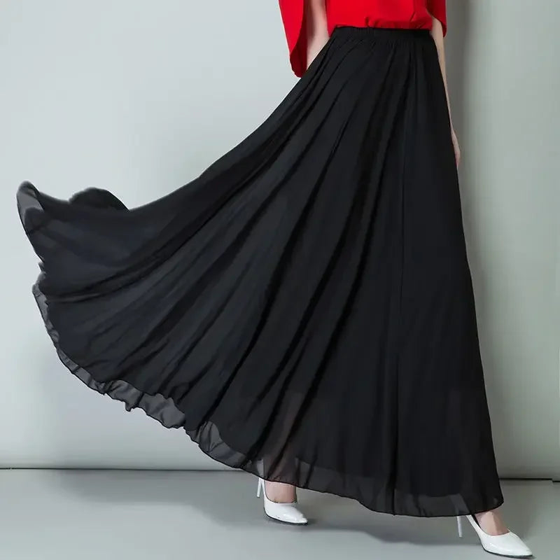 Women Summer Chiffon Dance Skirts Plus Size Full-Length Skirt High Waist Elegant Pink Black Red Royal Blue White Long Skirts