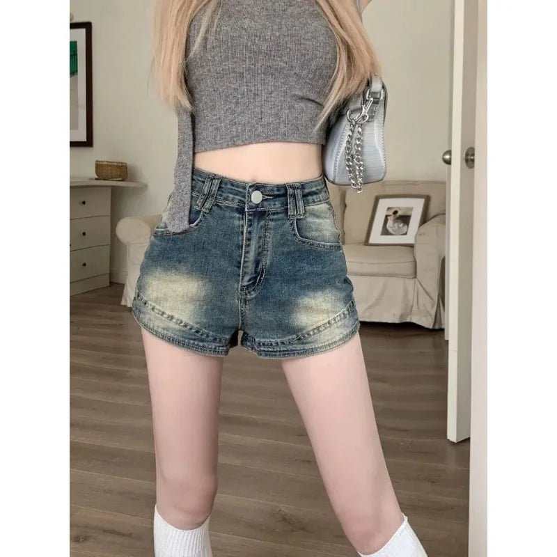 Retro Washed Denim Shorts for Women High Waist Slimming Hot Pants Mini Skirt Y2K Style Summer Fashion Small Stature Sexy Look