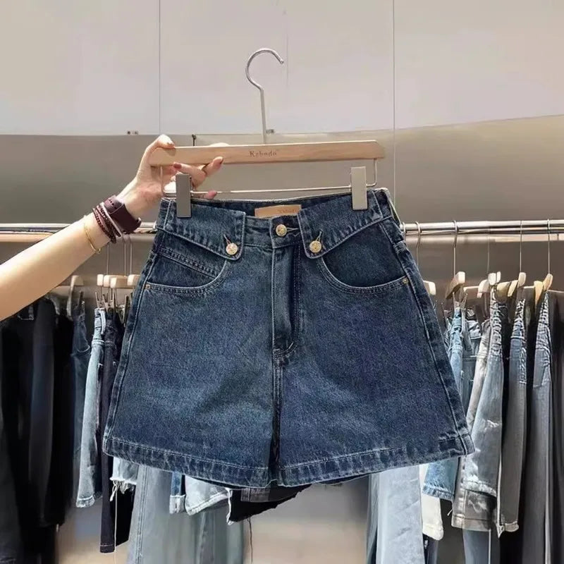 2026 Summer Denim Shorts Women's Trendy Versatile High-Waisted Loose-Fit Straight-Leg Casual Mid-Length Wide-Leg Vintage Pants