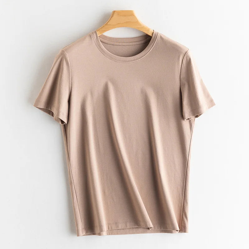 Eesswel Summer Casual Tee Shirts For Women 6% Silk 65% Cotton Women's T-shirt Basic Tees Tops Short Sleeve Solid Woman T shirt