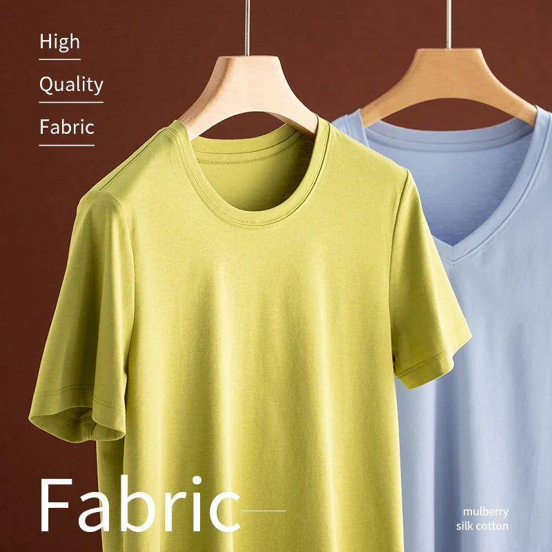 Eesswel Summer Casual Tee Shirts For Women 6% Silk 65% Cotton Women's T-shirt Basic Tees Tops Short Sleeve Solid Woman T shirt