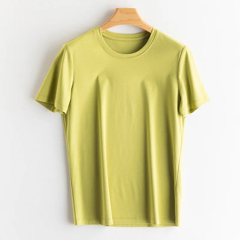 Eesswel Summer Casual Tee Shirts For Women 6% Silk 65% Cotton Women's T-shirt Basic Tees Tops Short Sleeve Solid Woman T shirt