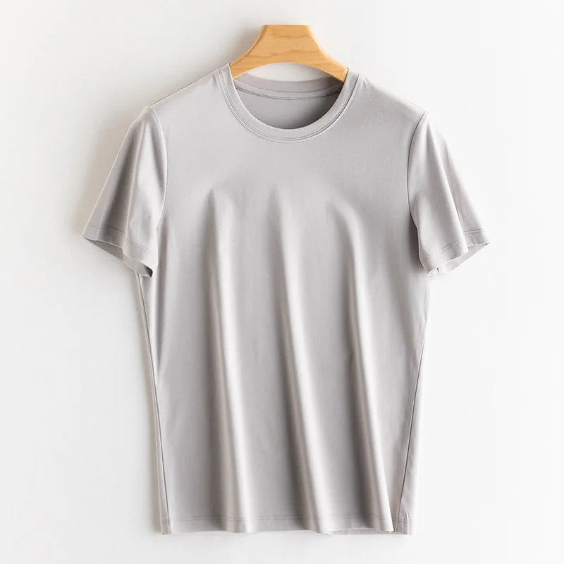 Eesswel Summer Casual Tee Shirts For Women 6% Silk 65% Cotton Women's T-shirt Basic Tees Tops Short Sleeve Solid Woman T shirt
