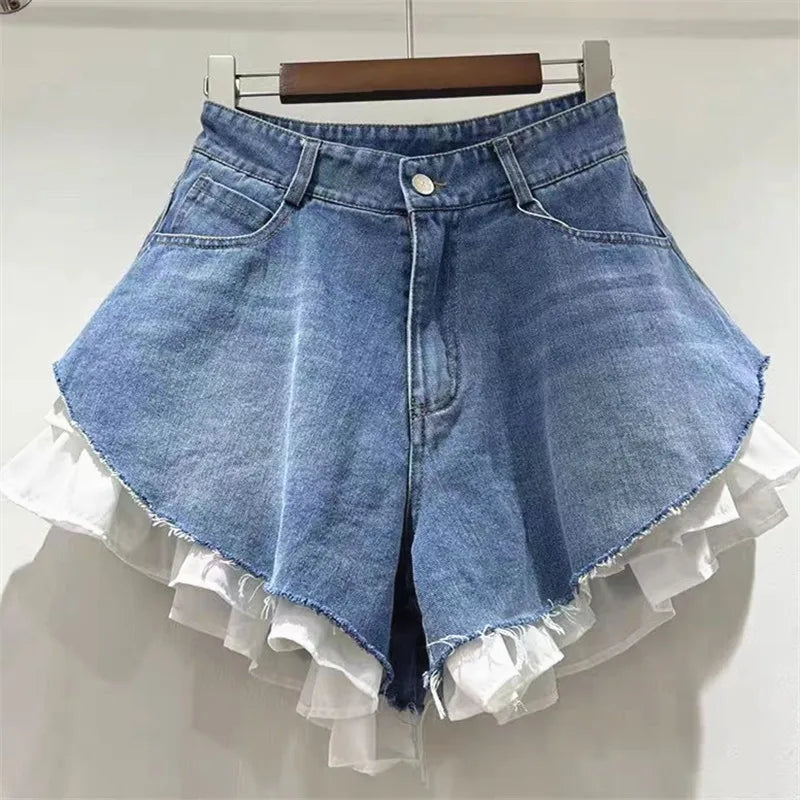 Fashion 2026 Summer New Collection Multi Layer Ruffles Patchwork Light Blue Wide Leg Denim Shorts Women High-waist Short Jeans