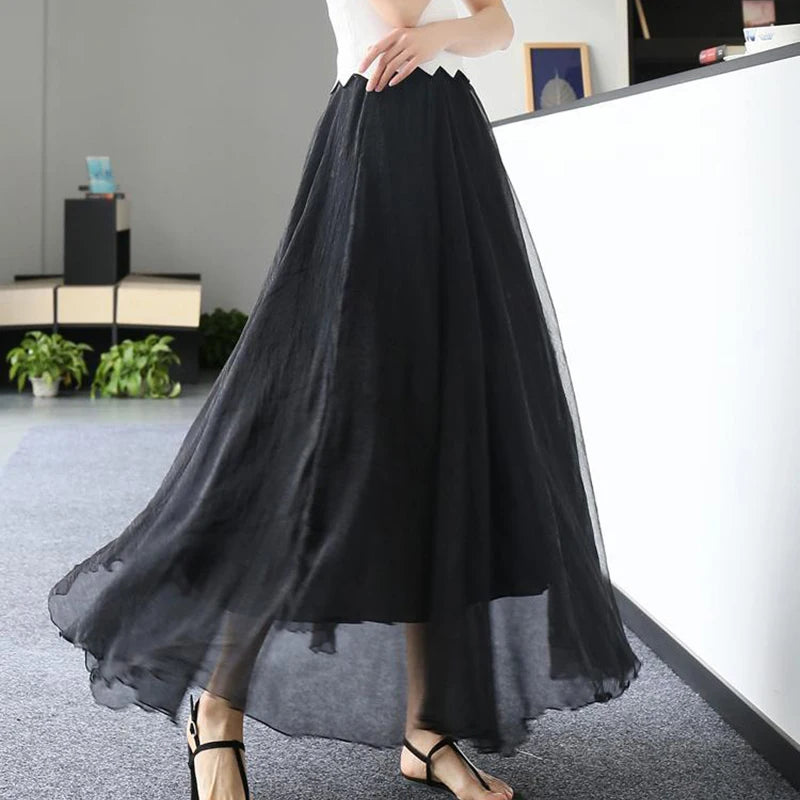 Chiffon Lightweight Long Skirt Women Beach Vacation Ruffles Elegant Party Skirt High Waist Loose Mesh Sweet Lady Ball Gown