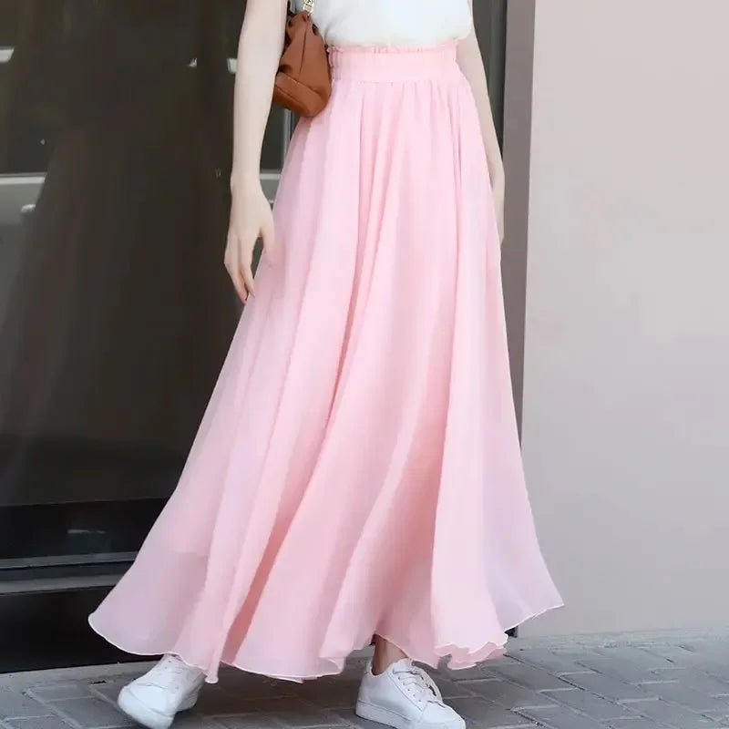 Women Summer Chiffon Dance Skirts Plus Size Full-Length Skirt High Waist Elegant Pink Black Red Royal Blue White Long Skirts