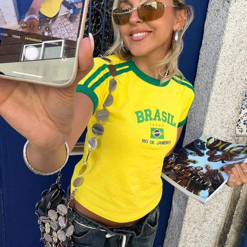 2026 Summer T-shirt For Women Brazil Letter Aesthetic 90's Crop Tops Casual Short Sleeve Tee Kpop Streetwear Vintage Y2k Clothes