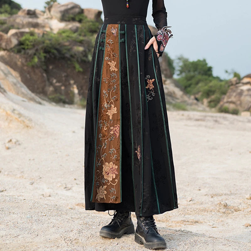 High Quality Floral Embroidery Long Skirt Women New Arrival 2026 Spring Chinese Style Vintage Ladies Elegant A-line Skirts M932