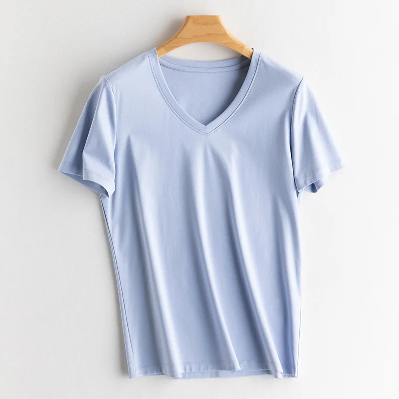 Eesswel Summer Casual Tee Shirts For Women 6% Silk 65% Cotton Women's T-shirt Basic Tees Tops Short Sleeve Solid Woman T shirt