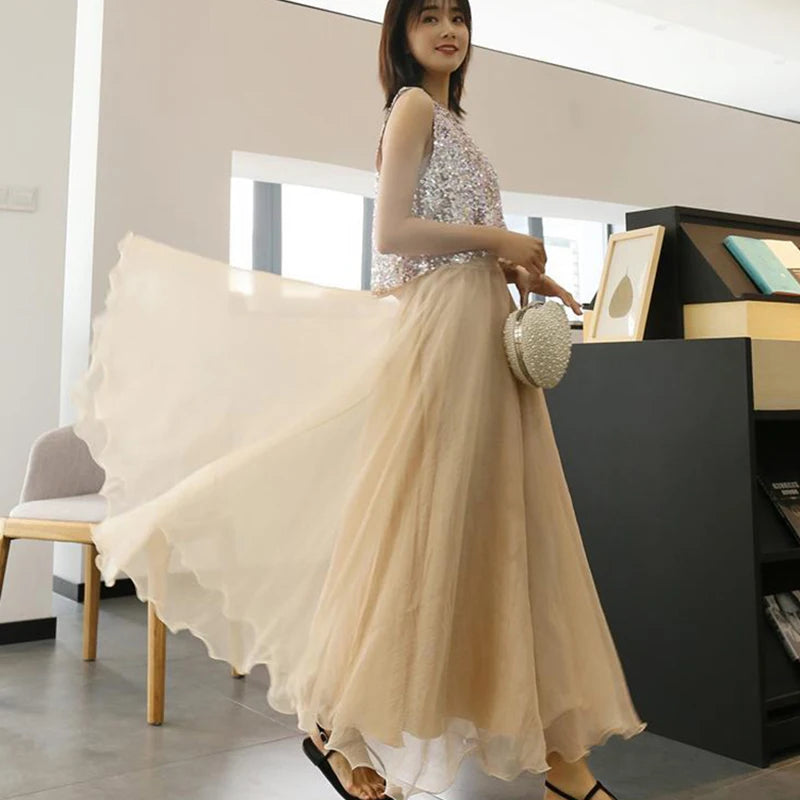 Chiffon Lightweight Long Skirt Women Beach Vacation Ruffles Elegant Party Skirt High Waist Loose Mesh Sweet Lady Ball Gown