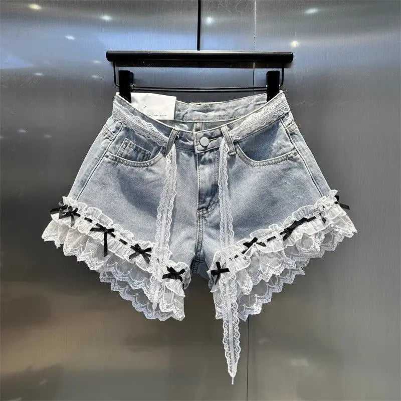 Summer Sweet Lace Denim Shorts for Women Bow Ruffles Patchwork A-line Short Jeans Korean Trend Fashion Female Wide Leg Shorts