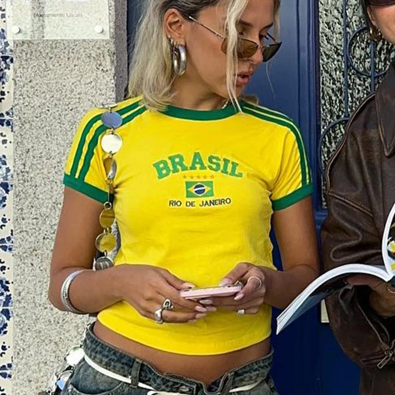 2026 Summer T-shirt For Women Brazil Letter Aesthetic 90's Crop Tops Casual Short Sleeve Tee Kpop Streetwear Vintage Y2k Clothes