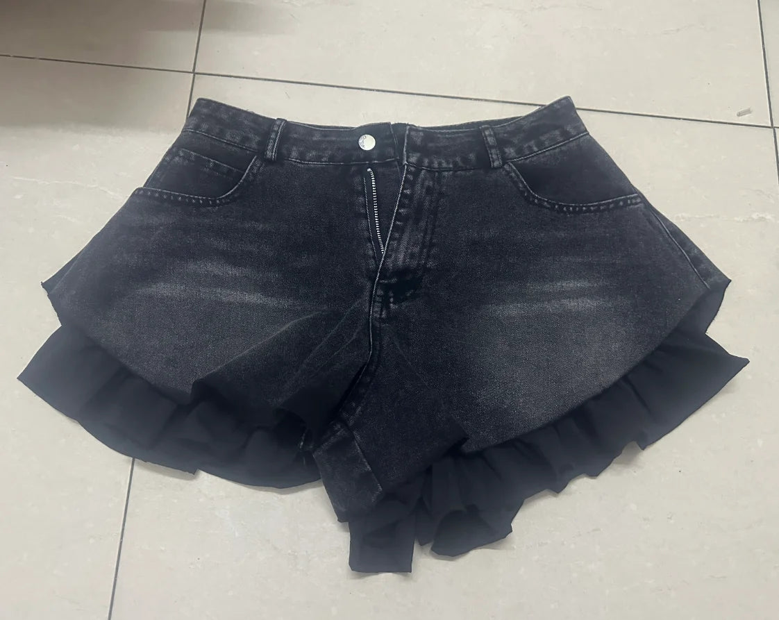 Fashion 2026 Summer New Collection Multi Layer Ruffles Patchwork Light Blue Wide Leg Denim Shorts Women High-waist Short Jeans