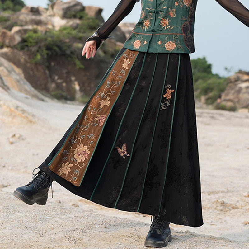 High Quality Floral Embroidery Long Skirt Women New Arrival 2026 Spring Chinese Style Vintage Ladies Elegant A-line Skirts M932