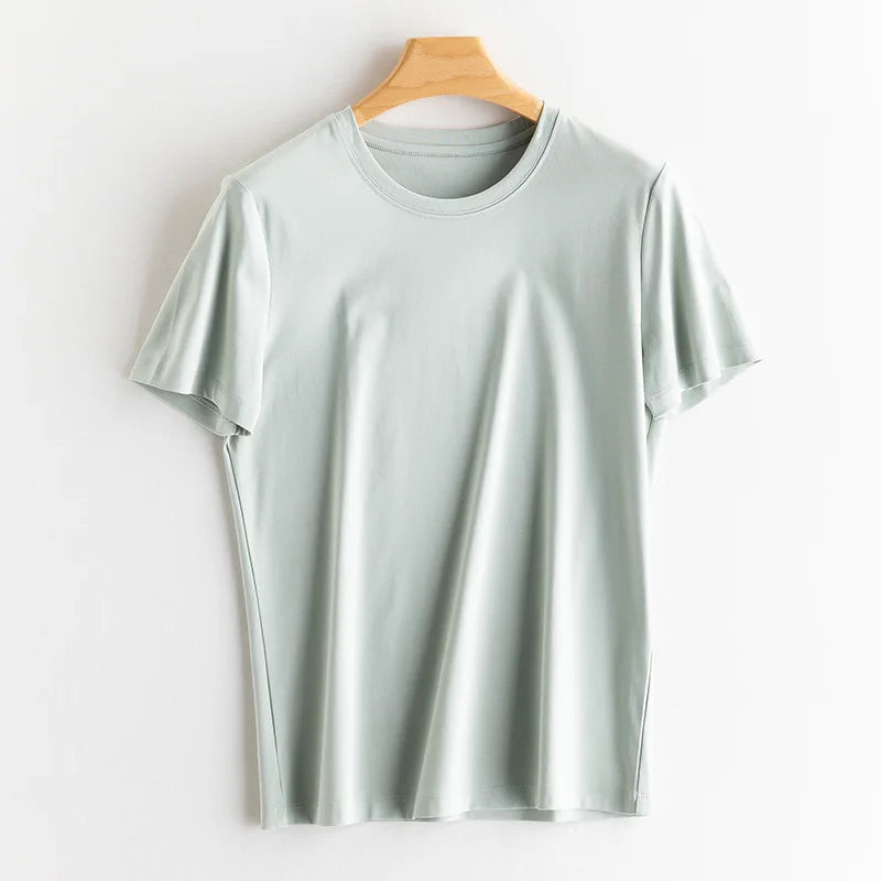Eesswel Summer Casual Tee Shirts For Women 6% Silk 65% Cotton Women's T-shirt Basic Tees Tops Short Sleeve Solid Woman T shirt