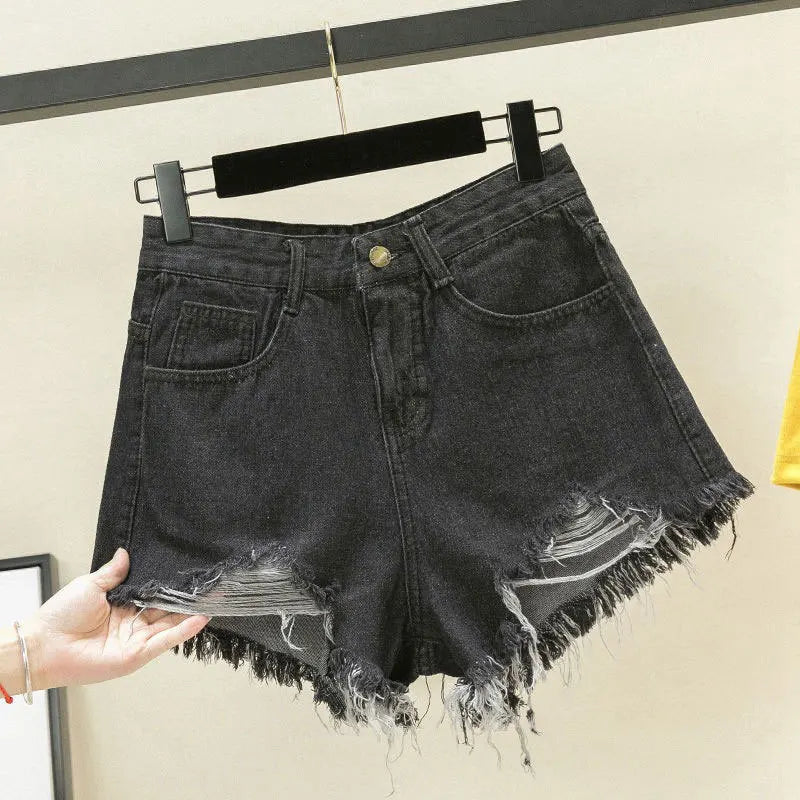 Wurry Denim Shorts for Women, Online Red, New Loose Korean Version, A-line, Hole-hot Pants for Summer