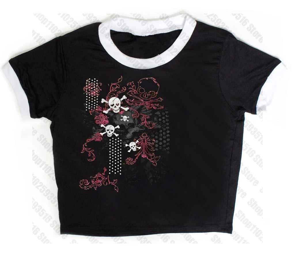Aesthetic Clothing T-shirt Baby Tees Y2k Tops Crop Top Women Gothic Grunge Clothes Y2k Kitty 90s Clothes Vintage Kpop Goth Emo