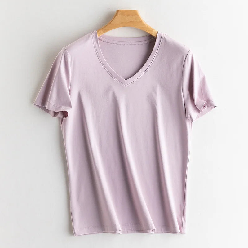 Eesswel Summer Casual Tee Shirts For Women 6% Silk 65% Cotton Women's T-shirt Basic Tees Tops Short Sleeve Solid Woman T shirt
