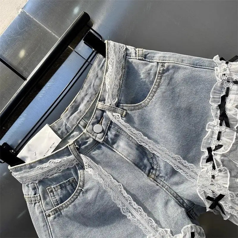 Summer Sweet Lace Denim Shorts for Women Bow Ruffles Patchwork A-line Short Jeans Korean Trend Fashion Female Wide Leg Shorts