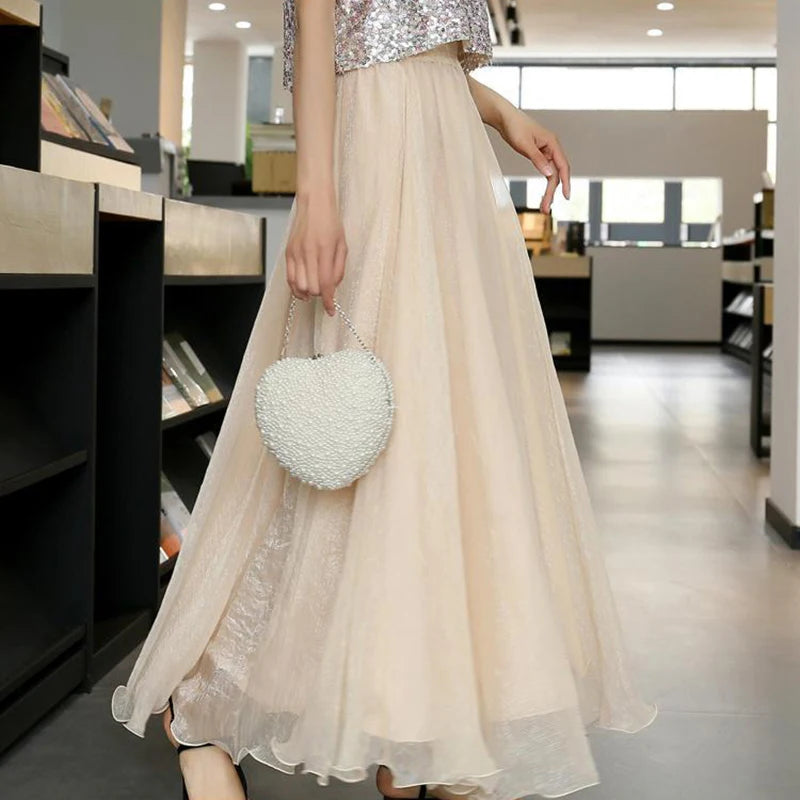 Chiffon Lightweight Long Skirt Women Beach Vacation Ruffles Elegant Party Skirt High Waist Loose Mesh Sweet Lady Ball Gown