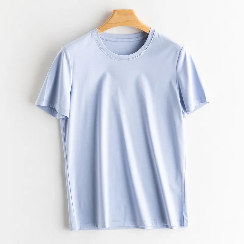 Eesswel Summer Casual Tee Shirts For Women 6% Silk 65% Cotton Women's T-shirt Basic Tees Tops Short Sleeve Solid Woman T shirt