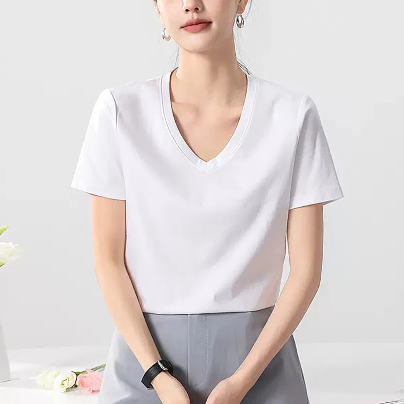 Eesswel Summer Casual Tee Shirts For Women 6% Silk 65% Cotton Women's T-shirt Basic Tees Tops Short Sleeve Solid Woman T shirt