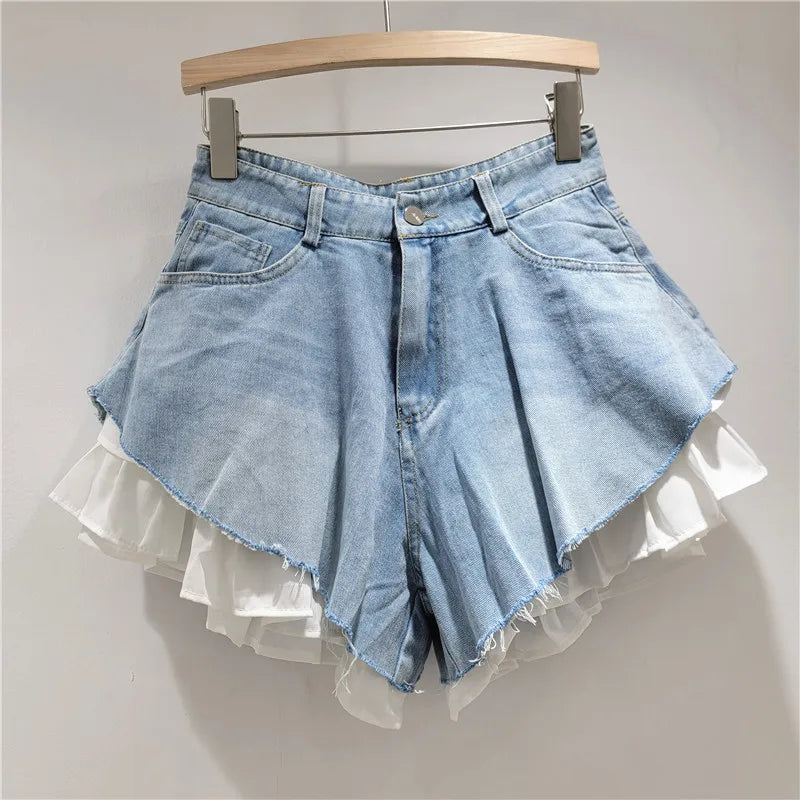 Fashion 2026 Summer New Collection Multi Layer Ruffles Patchwork Light Blue Wide Leg Denim Shorts Women High-waist Short Jeans
