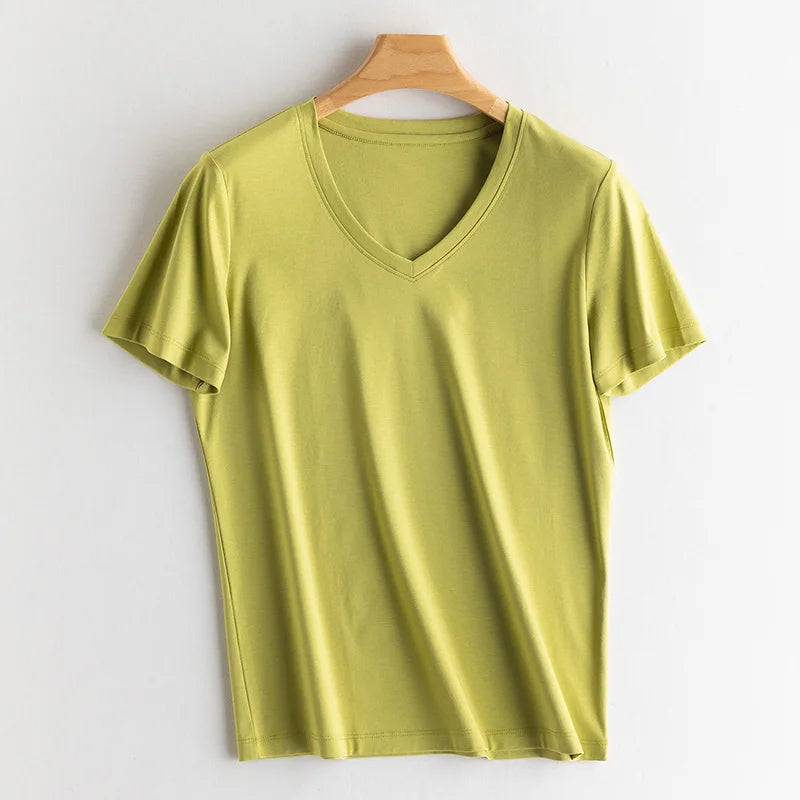 Eesswel Summer Casual Tee Shirts For Women 6% Silk 65% Cotton Women's T-shirt Basic Tees Tops Short Sleeve Solid Woman T shirt