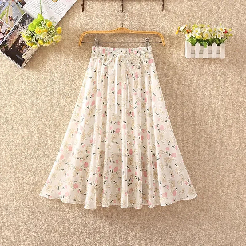 Women's Floral Skirt High Waist Long 2024 Printed Chiffon Skirt Summer Woman Skirts Mujer Faldas Saias Mulher