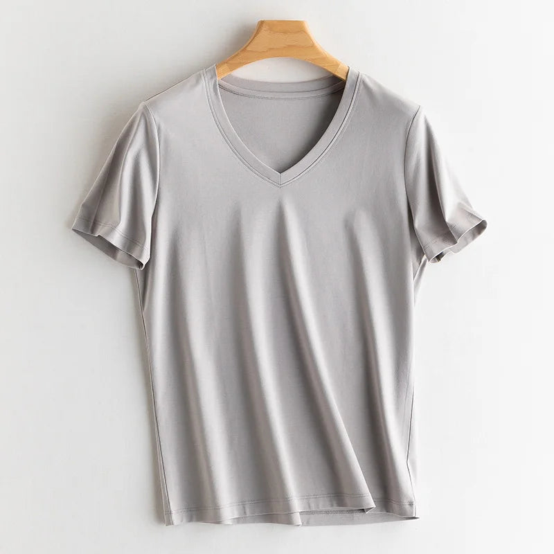 Eesswel Summer Casual Tee Shirts For Women 6% Silk 65% Cotton Women's T-shirt Basic Tees Tops Short Sleeve Solid Woman T shirt