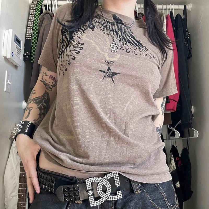 2000s Aesthetic Mall Goth E-girl Gothic T-shirt Retro Y2K Grunge Skull Wing Crop Tops Indie Graphic Print Short Sleeve Tee Women
