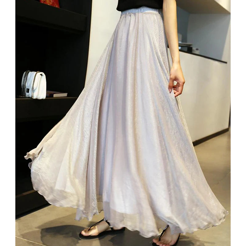 Chiffon Lightweight Long Skirt Women Beach Vacation Ruffles Elegant Party Skirt High Waist Loose Mesh Sweet Lady Ball Gown
