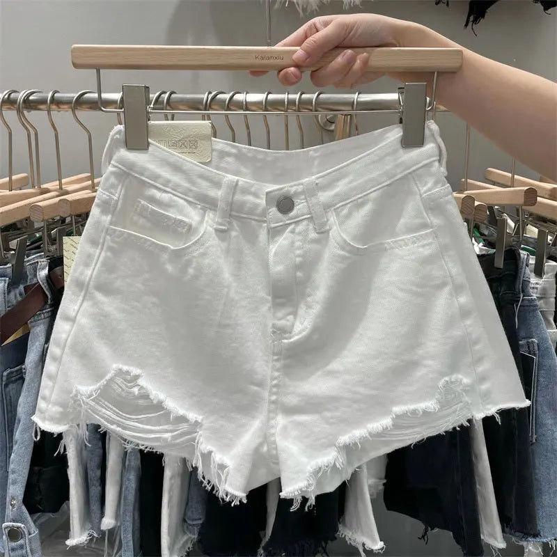Wurry Denim Shorts for Women, Online Red, New Loose Korean Version, A-line, Hole-hot Pants for Summer