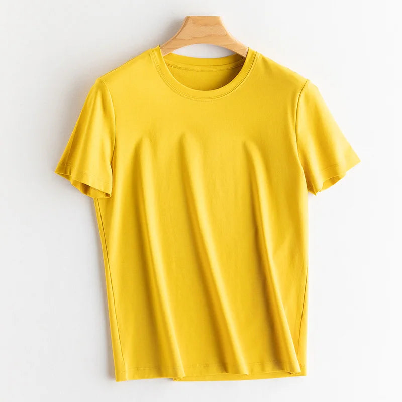 Eesswel Summer Casual Tee Shirts For Women 6% Silk 65% Cotton Women's T-shirt Basic Tees Tops Short Sleeve Solid Woman T shirt