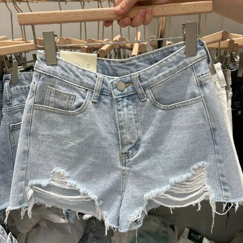 Wurry Denim Shorts for Women, Online Red, New Loose Korean Version, A-line, Hole-hot Pants for Summer