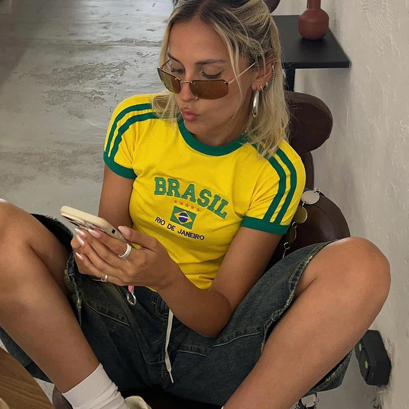 2026 Summer T-shirt For Women Brazil Letter Aesthetic 90's Crop Tops Casual Short Sleeve Tee Kpop Streetwear Vintage Y2k Clothes
