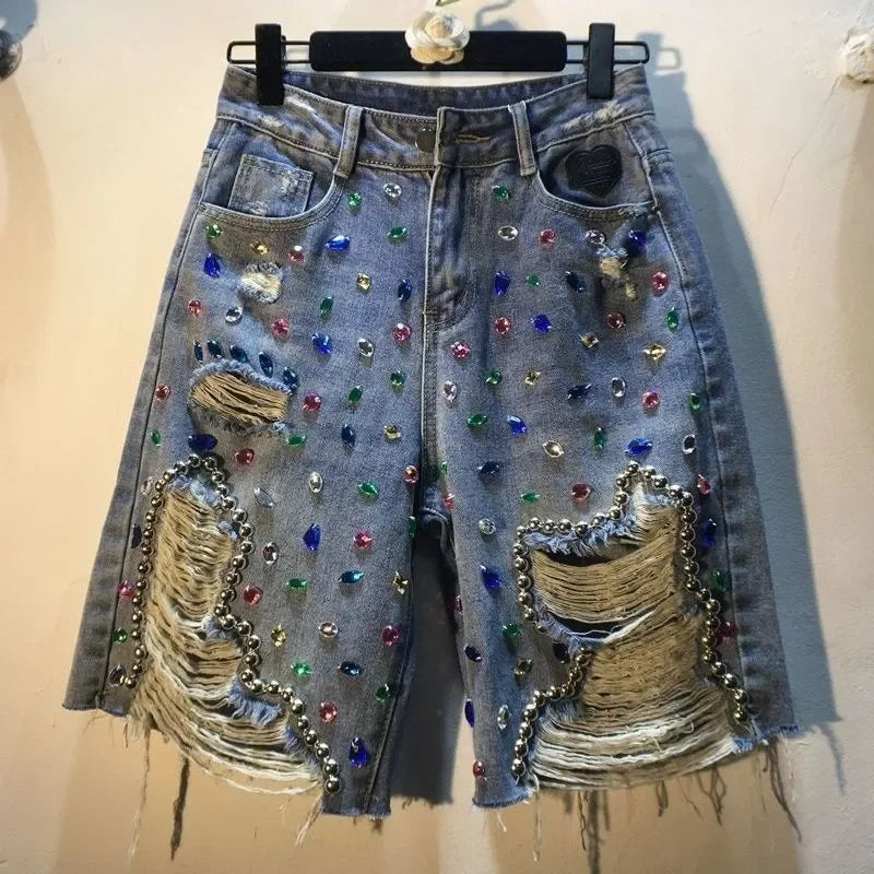 2025 Summer Short Pants High Waist Jeans Hole Shorts Women Stretch Distressed Washed Diamonds Streetwear Straight Denims