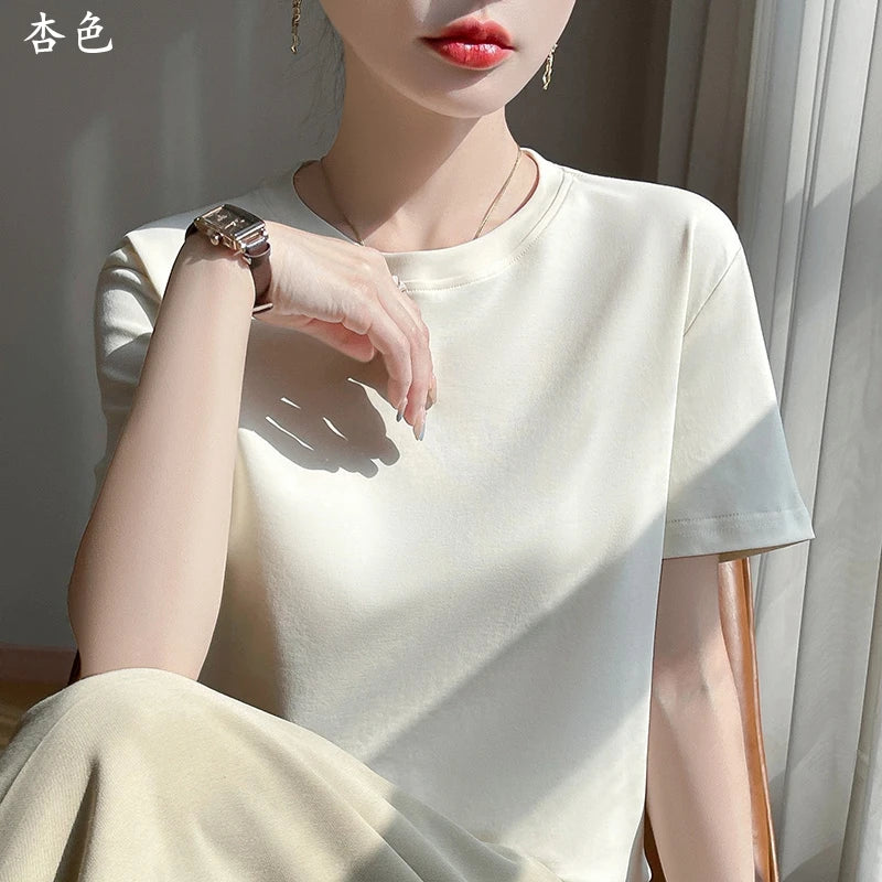2026 Summer New Cotton Short Sleeve T-shirt Women's Round Neck Half Sleeve Mercerized Cotton Cool T-shirt