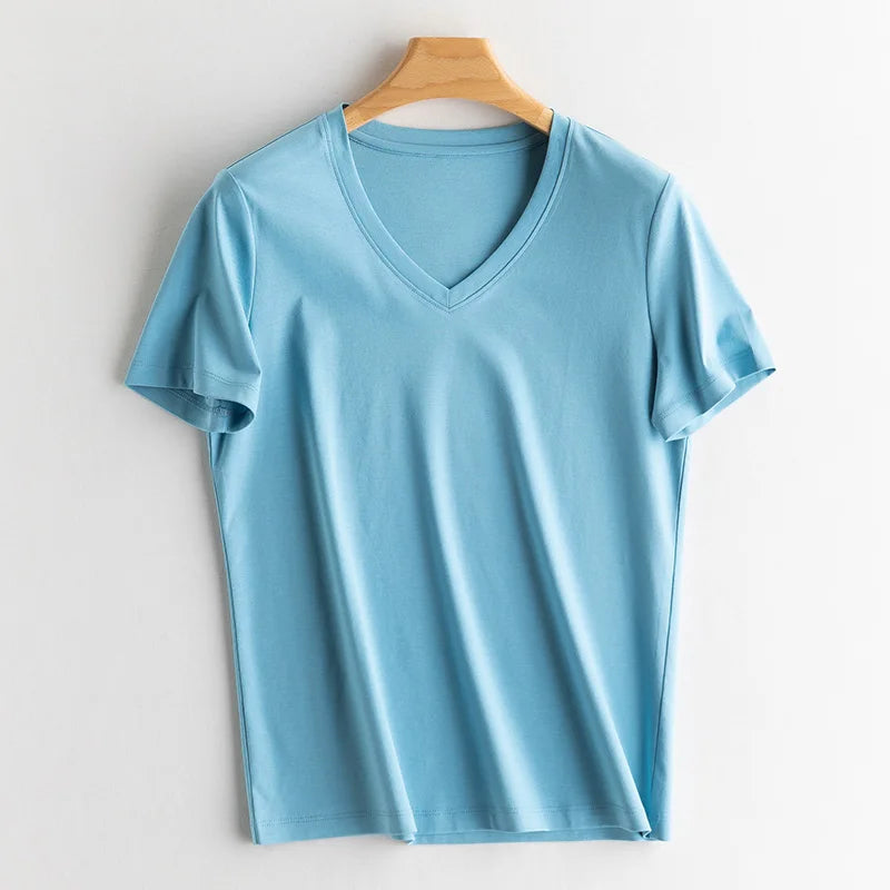 Eesswel Summer Casual Tee Shirts For Women 6% Silk 65% Cotton Women's T-shirt Basic Tees Tops Short Sleeve Solid Woman T shirt
