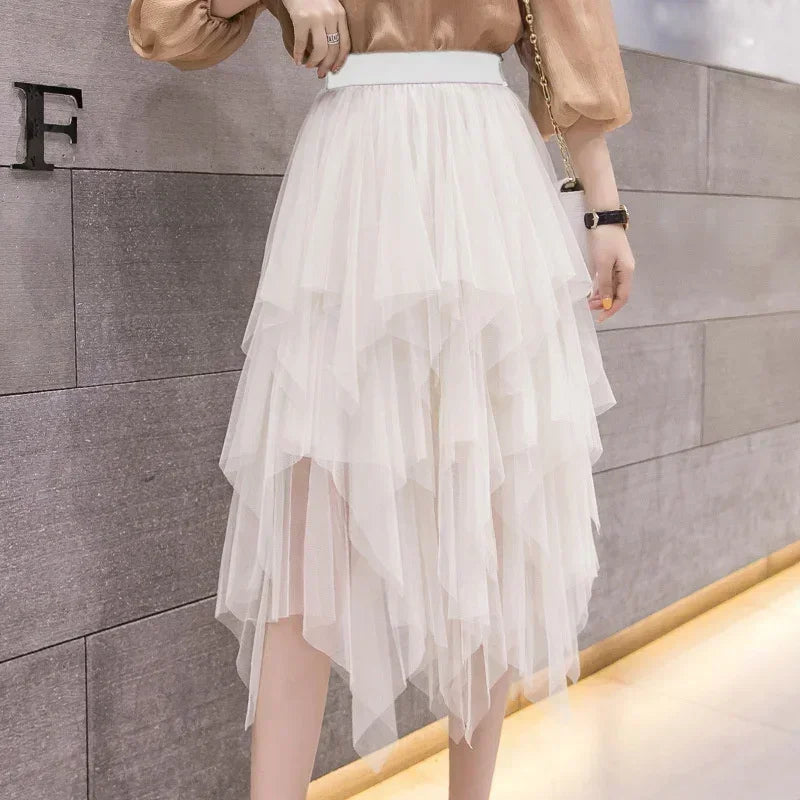 Summer Tutu Women Skirt Harajuku Casual Tulle Bottom Jupe Femme Faldas Fashion High Waist Midi Mesh Skirts Woman Clothing Saia